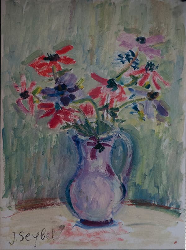 Fleurs dans un pichet, oeuvre de Lyne Seybel, collection Fleurs & Bouquets, Gouache sur papier, 44x31.5 cm