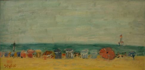 La plage de Trouville Roches noires, oeuvre de Lyne Seybel, collection Marines, Huile, 23x46 cm
