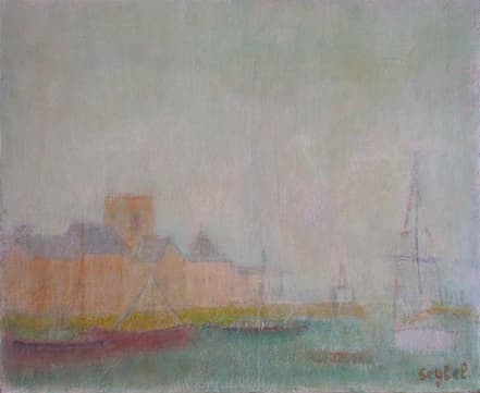 Bateaux à Barfleur, oeuvre de Lyne Seybel, collection Marines, Huile, 46x55 cm