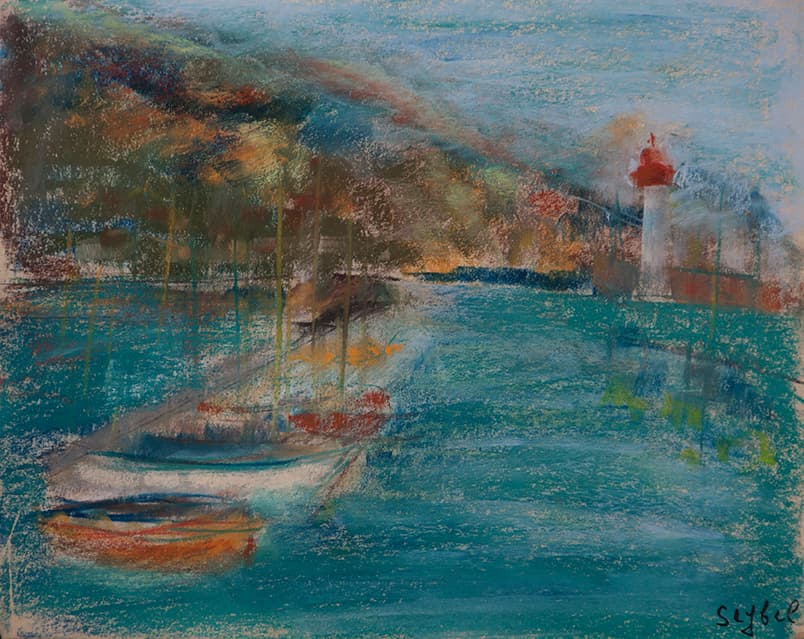 Petit port du midi, oeuvre de Lyne Seybel, collection Marines, Pastel, 37x46 cm