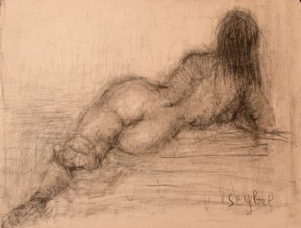 Nu allongé de dos, oeuvre de Lyne Seybel, collection Nus, Fusain, 25x33 cm