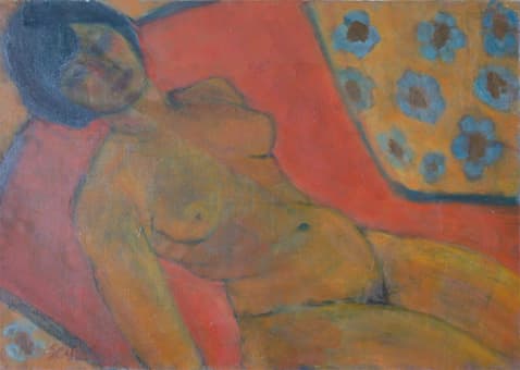 Nu sur canapé, oeuvre de Lyne Seybel, collection Nus, Huile, 46x65 cm