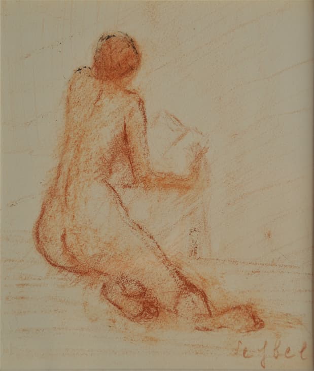 Nu lisant de dos, oeuvre de Lyne Seybel, collection Nus, Sanguine sous-verre, 19x16 cm