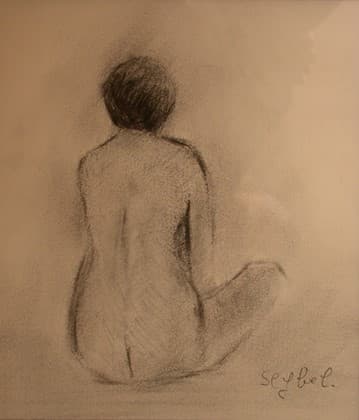 Nu assis de dos, oeuvre de Lyne Seybel, collection Nus, Fusain sous-verre