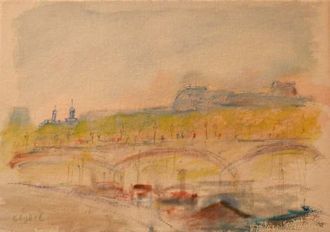 Le Pont des Arts et le Louvre, oeuvre de Lyne Seybel, collection Paris, Aquarelle, 21x30 cm