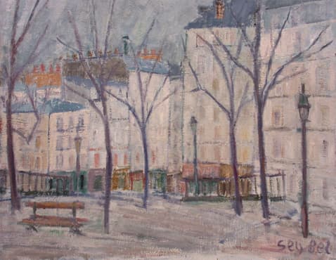 Place Ravignan, oeuvre de Lyne Seybel, collection Paris, Huile, 50x61 cm