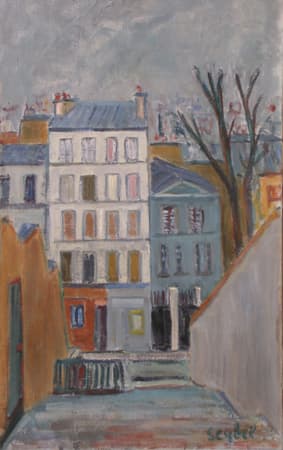 Montmartre rue du Calvaire, oeuvre de Lyne Seybel, collection Paris, Huile, 65x46 cm