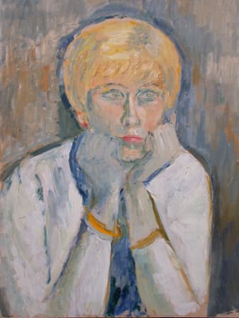 Jeune femme rêvant, oeuvre de Lyne Seybel, collection Portraits, Huile sur carton, 60x45.5 cm