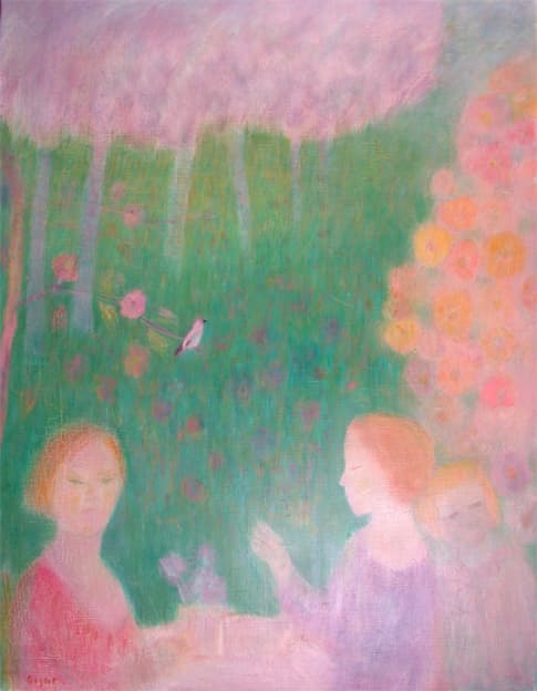 Un après-midi au jardin, oeuvre de Lyne Seybel, collection Scènes de genres, Huile, 130x97 cm