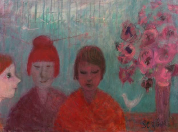 Jeunes Filles aux oiseaux, oeuvre de Lyne Seybel, collection Scènes de genres, Huile, 81x130 cm