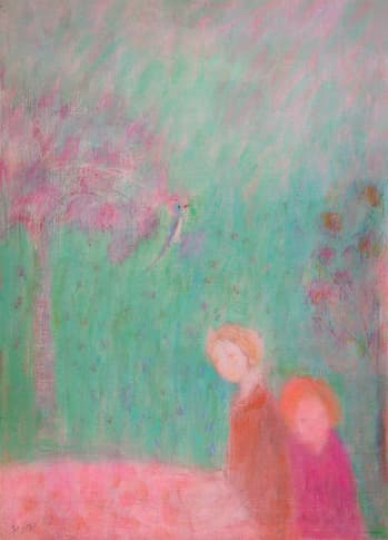 L'oiseau, oeuvre de Lyne Seybel, collection Scènes de genres, Huile, 65x46 cm