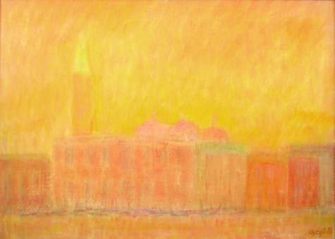 Les coupoles roses, oeuvre de Lyne Seybel, collection Venise, Huile, 65x92 cm