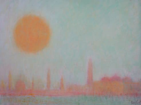 Ciel de jade, oeuvre de Lyne Seybel, collection Venise, Huile, 65x92 cm